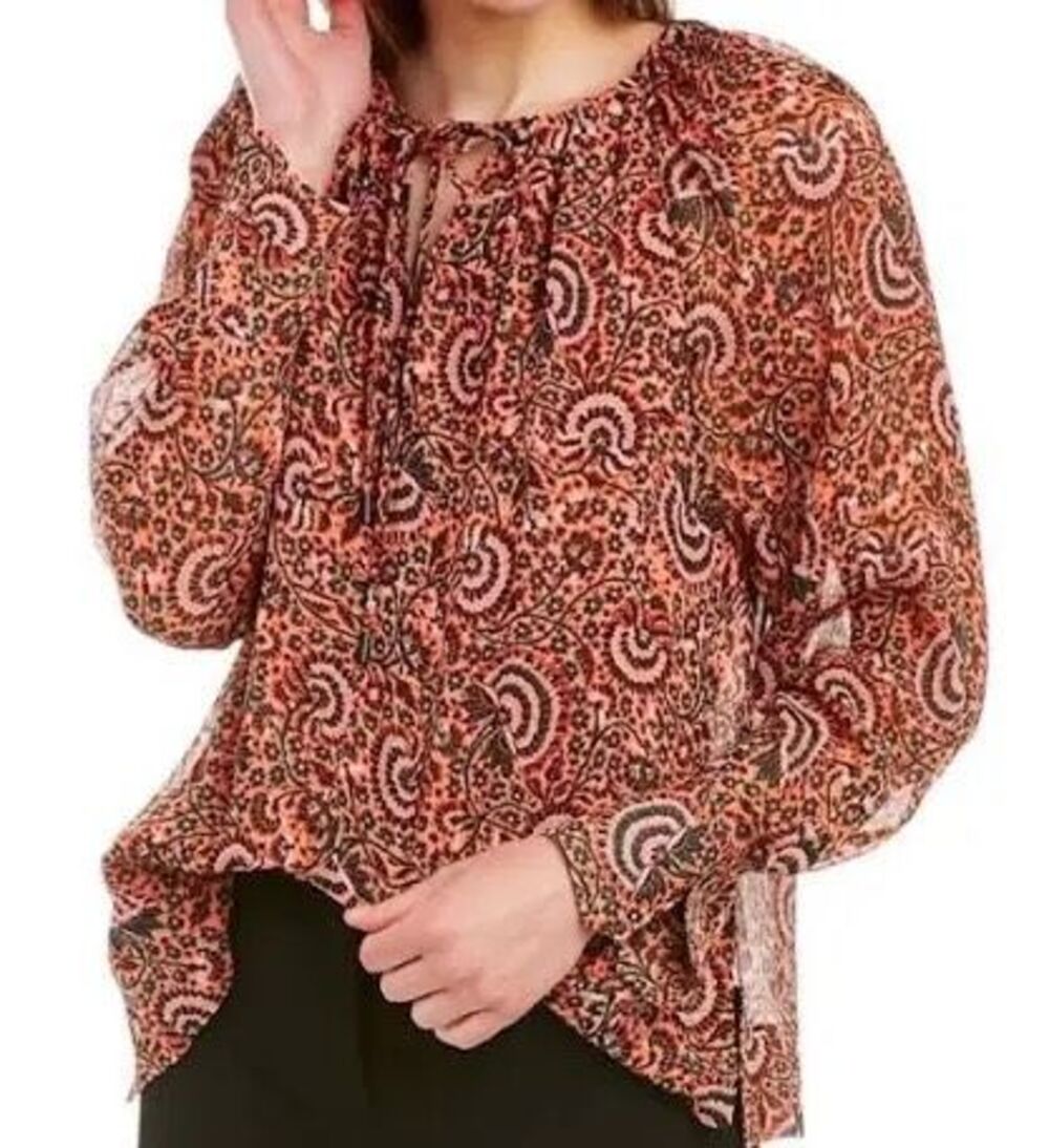 A.L.C. Winslow Silk Paisley Print Tie Neck Blouse Coral Pink Size 12